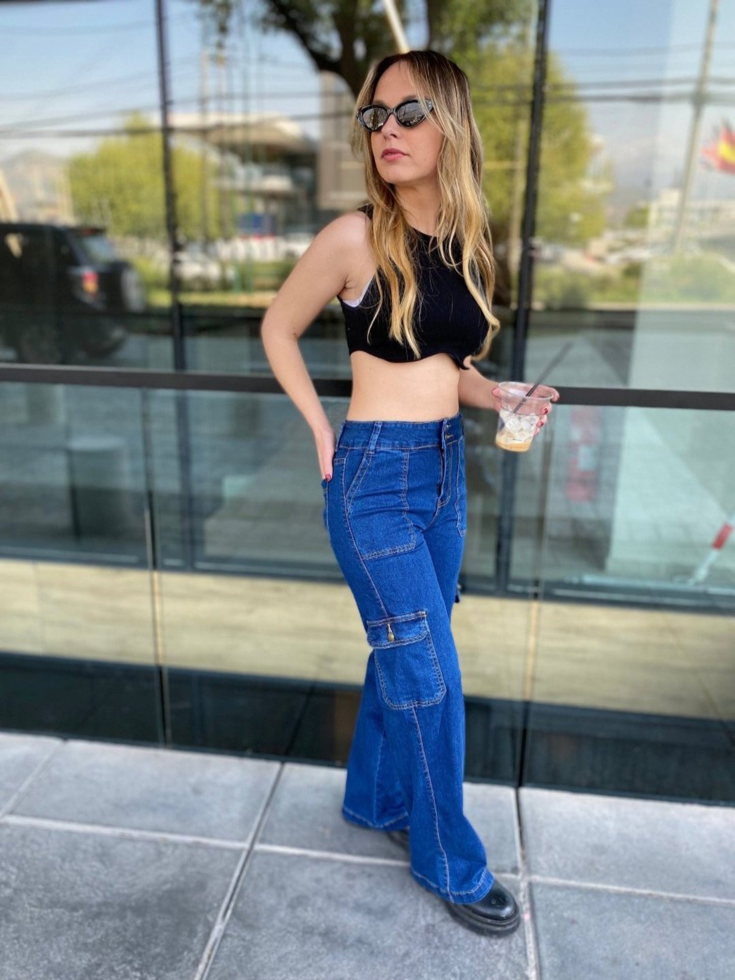 Jeans tiro alto Cargo Azul