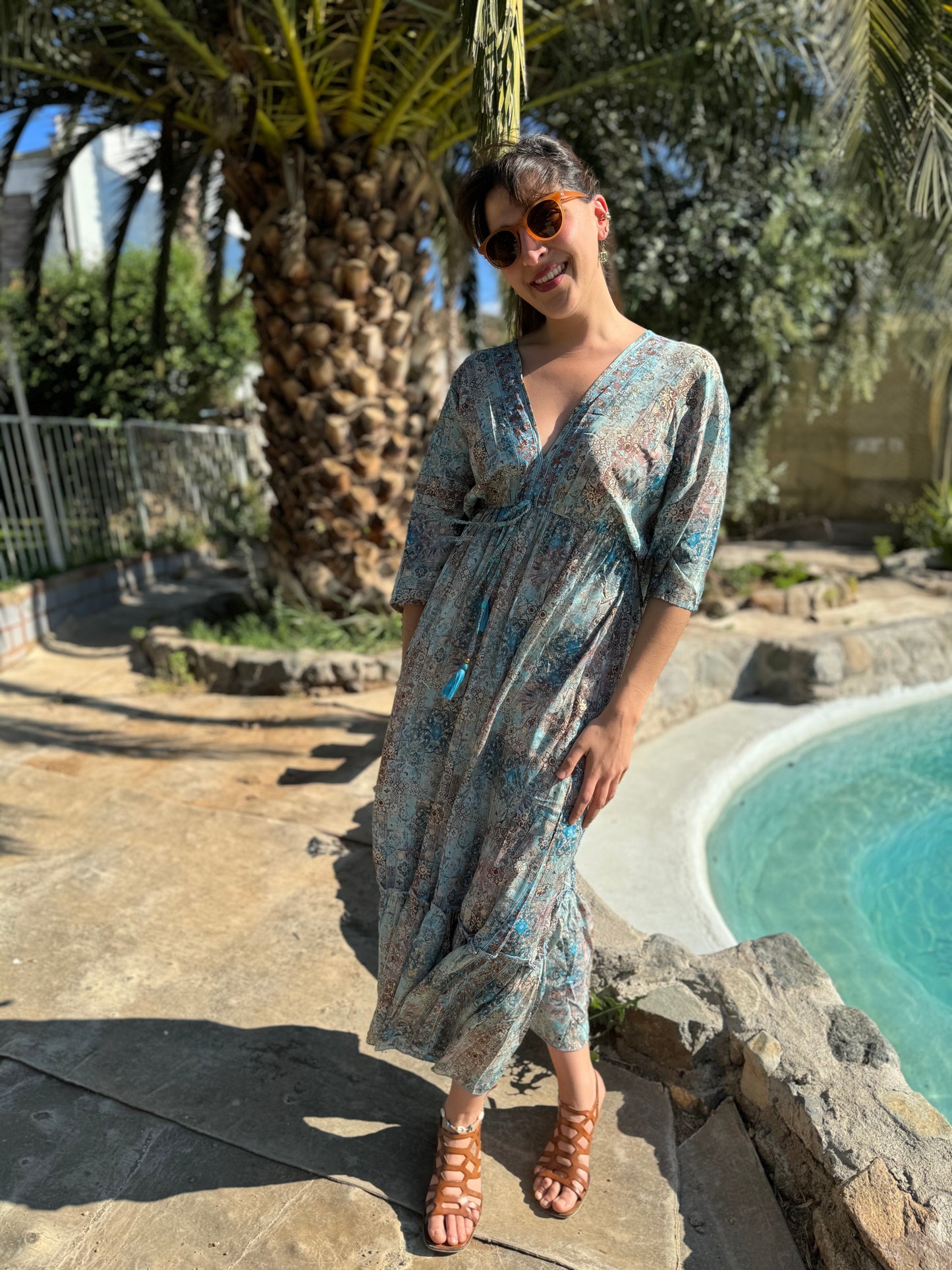 Vestido azul Hindù Largo 100% Seda