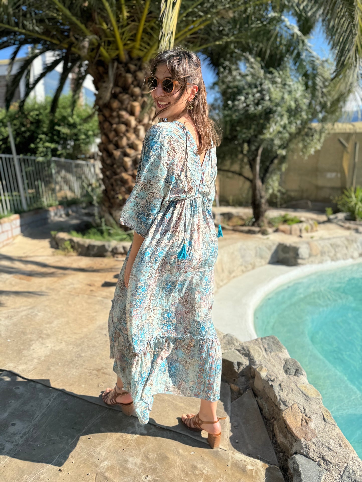 Vestido azul Hindù Largo 100% Seda
