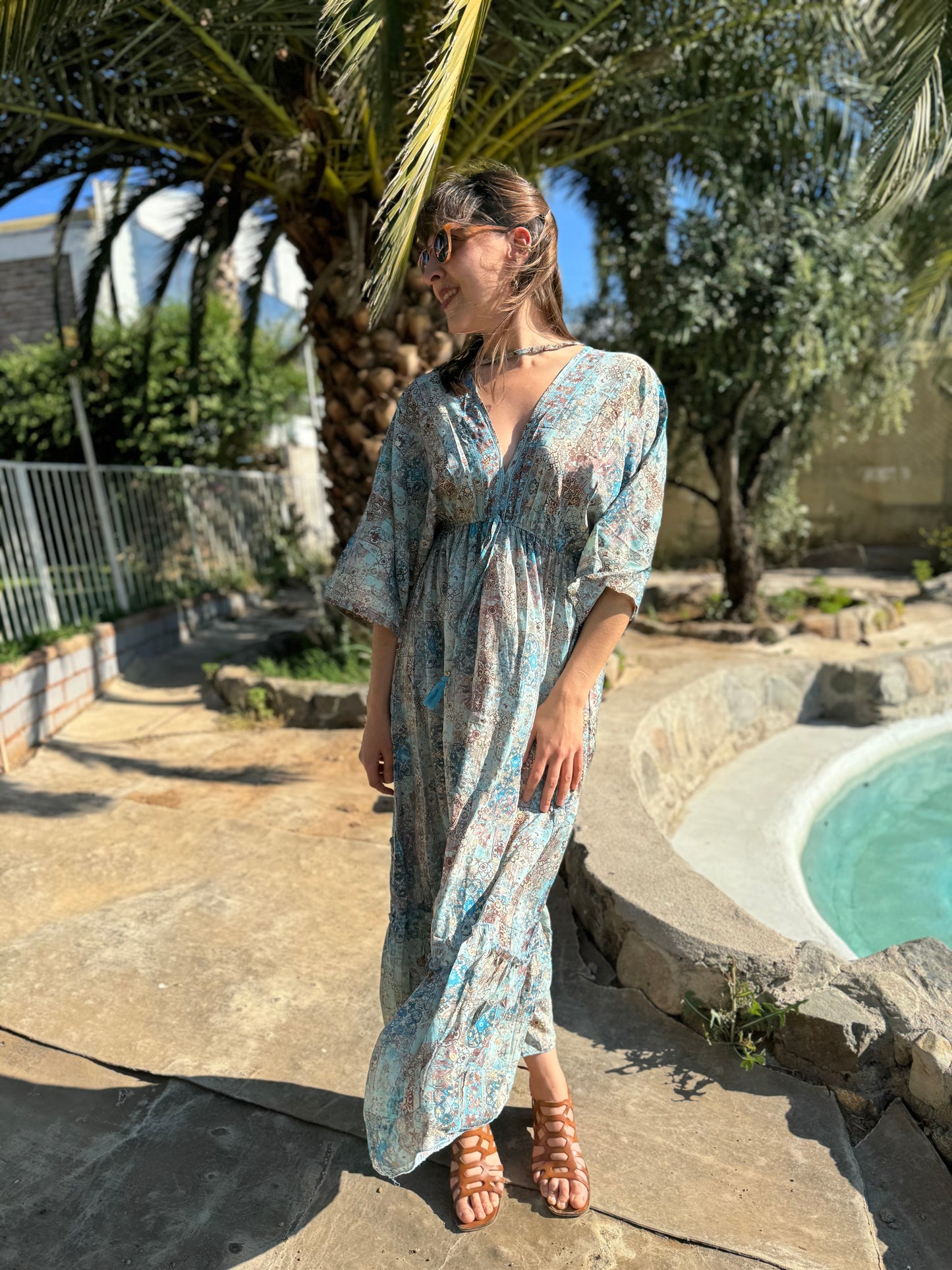 Vestido azul Hindù Largo 100% Seda