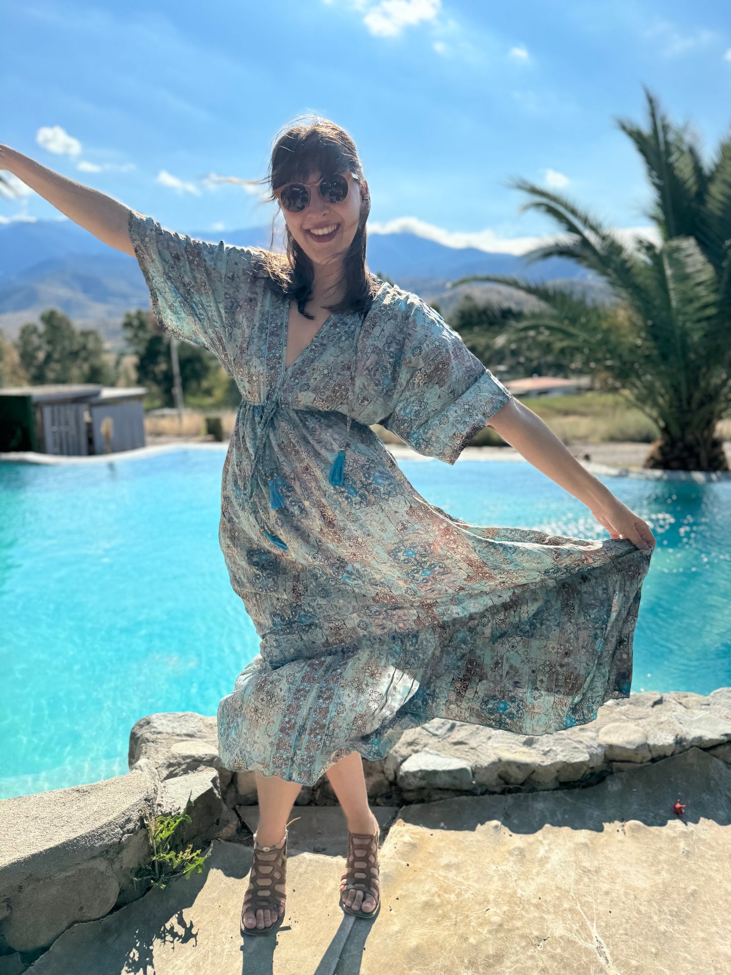 Vestido azul Hindù Largo 100% Seda