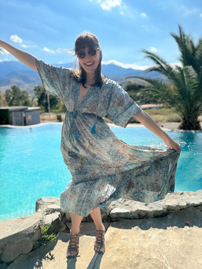 Vestido azul Hindù Largo 100% Seda