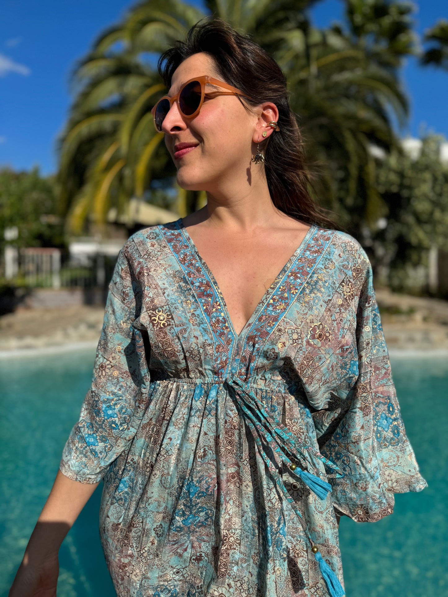 Vestido azul Hindù Largo 100% Seda