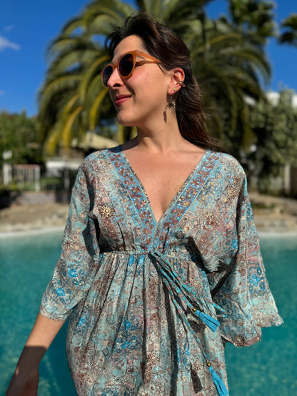 Vestido azul Hindù Largo 100% Seda